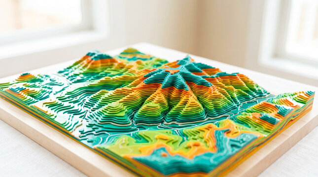 Terrain map model with contour lines in vibrant colors  