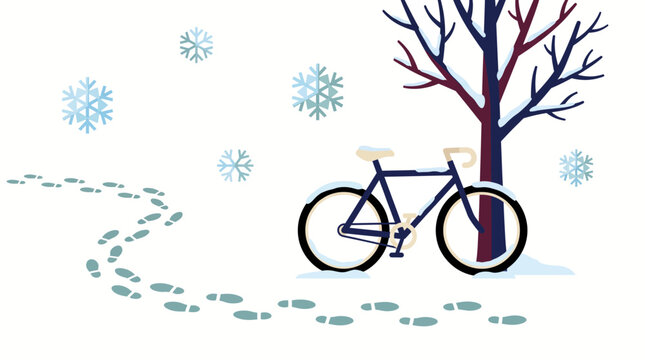 Winter landscape with a bicycle parked by a bare tree and footprints in the fresh snow