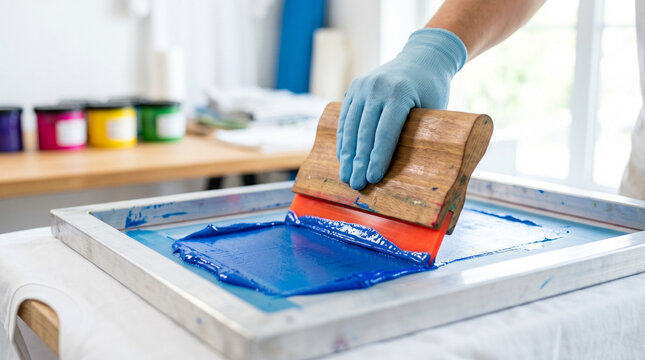 Screen printing squeegee rubber being used in a workshop setting  