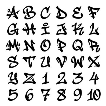 Graffiti style alphabet letters and numbers from A to Z and 1 to 10 are presented as black glyphs on a white background, suitable for urban design.