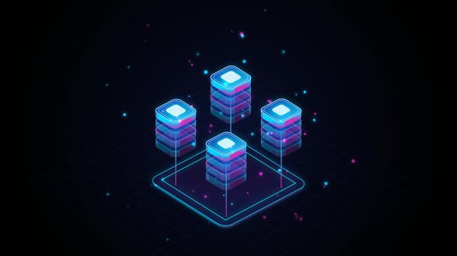 Neon Isometric Digital Server Stack Graphics with Glowing Data Nodes on Dark Cyber Grid Background