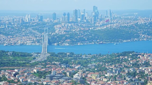 Aerial view of Istanbul cityscape featuring Bosphorus Bridge, modern skyscrapers, and lush greenery along the waterfront