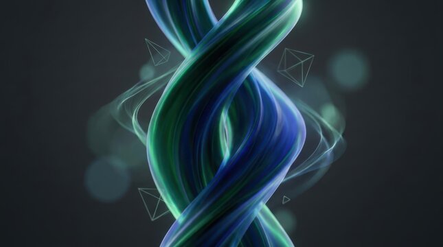 Abstract double helix structure with glowing blue and green light trails