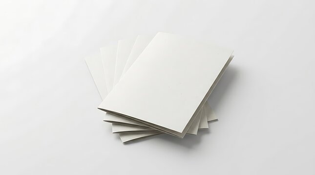 A stack of white bifold program templates arranged in a creative fanned layout for professional branding mockup