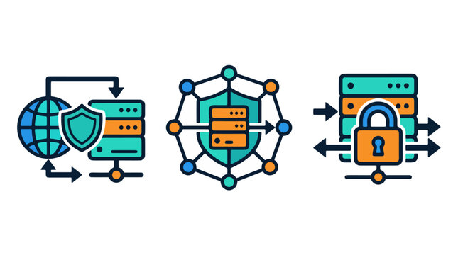 Vector illustration set of cybersecurity icons showing global network protection secure server data storage and firewall encryption concept