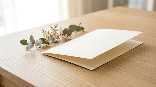 Bifold program template resting on a wooden desk with a delicate eucalyptus branch for an elegant branding mockup