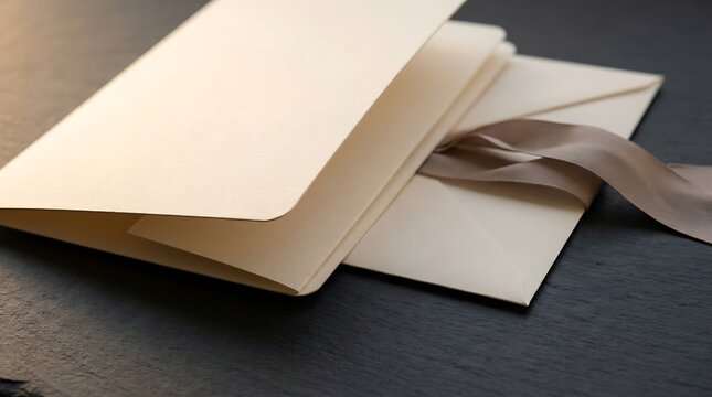 A bifold program wedding stationery set with a delicate ribbon tie on a dark textured background for elegant events
