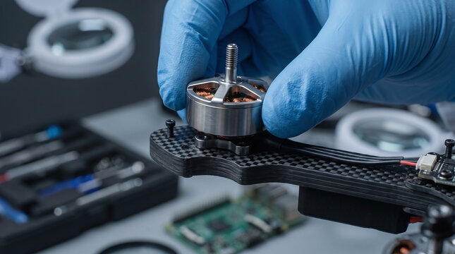 Close up of a hand in a blue nitrile glove installing a brushless motor onto a carbon fiber drone arm