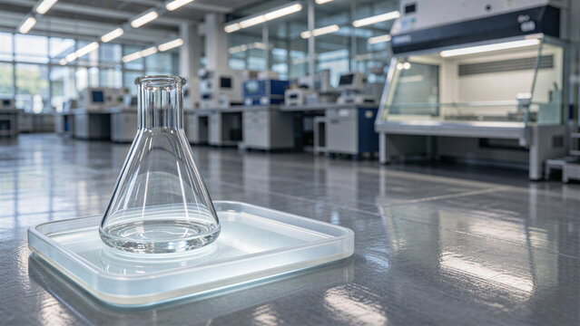 Scientific glass erlenmeyer flask in modern laboratory, pharmaceutical research facility with high-tech equipment, medical chemistry lab workspace
