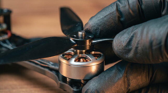 Macro shot of gloved hand attaching a black three blade propeller to a brushless motor on an FPV drone frame