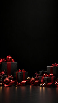 Black Friday red accent background with black gift boxes, dark red ribbons and metallic details against a matte black backdrop, featuring large negative space for dramatic retail advertising and promo