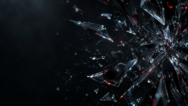Shattered glass explosion on black background, broken crystal shards with red light reflections, dramatic cinematic glass fragments flying in dark space