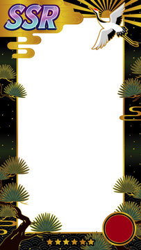 SSRカード風和風フレーム素材 鶴と松のガチャ演出用スマホ縦型背景／Japanese-style SSR gacha frame with crane and pine, mobile game rarity border vertical
