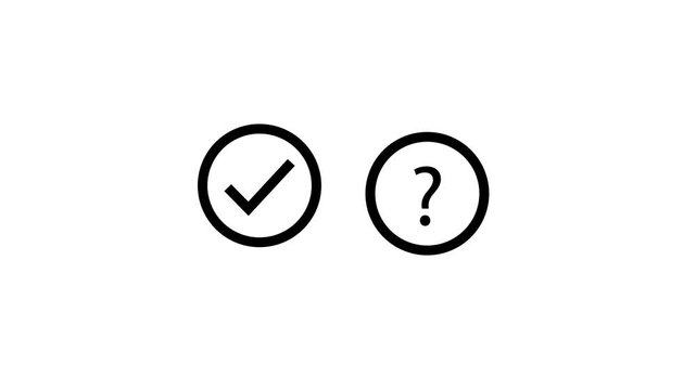 Animated checkmark and question mark icons appear inside circles on minimalist background.