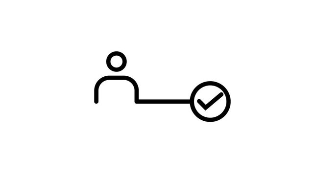 Animated icon showing person connecting to verified user status for online account system.