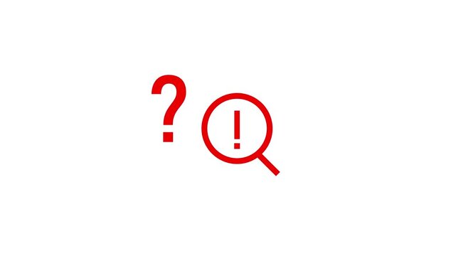 Red magnifying glass icon with exclamation mark and question symbol on white background loop.