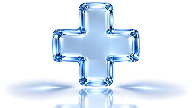 3d render of a glossy blue glass medical plus sign symbol isolated on white background