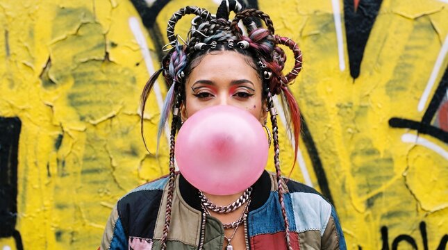 A stylish young woman with elaborate braids blows a large pink bubblegum bubble in front of a vibrant, graffiti-covered wall, embodying a bold and youthful spirit.