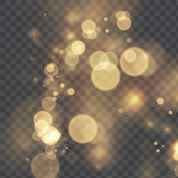 Sparkling golden particles, glowing bokeh lights isolated on dark transparent background	
