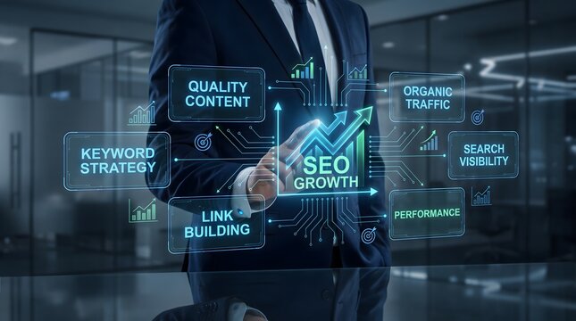 Businessman interacting with a futuristic digital interface showing search engine optimization and business growth data analytics concepts