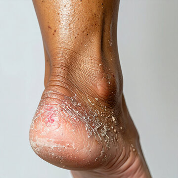 Female foot displaying dry scaly plaques and reddish areas typical of psoriasis, medical documentation style. Close-up.