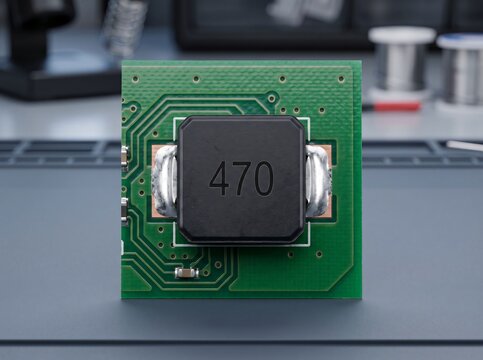 Surface mount power inductor component labeled 470 soldered onto green printed circuit board.