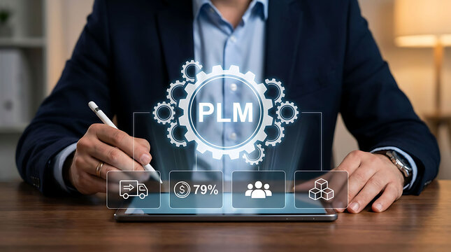 Businessman holding a tablet with a futuristic PLM hologram interface display