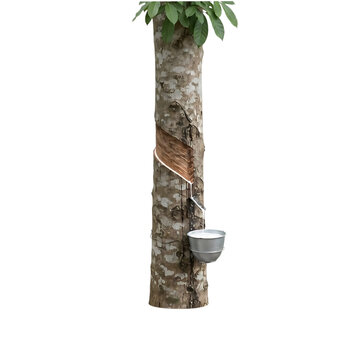 Rubber tree trunk with tapping cut collecting latex sap in metal bucket isolated