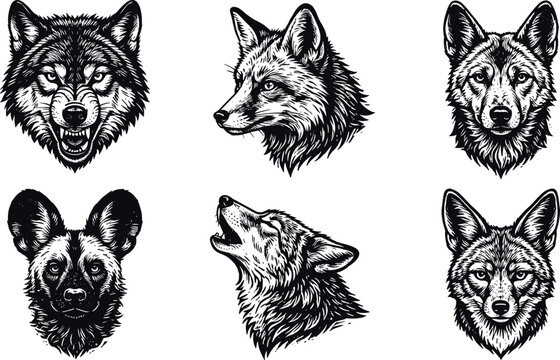 Wild canine heads black and white vector graphic featuring wolves, foxes, and jackals for emblem design