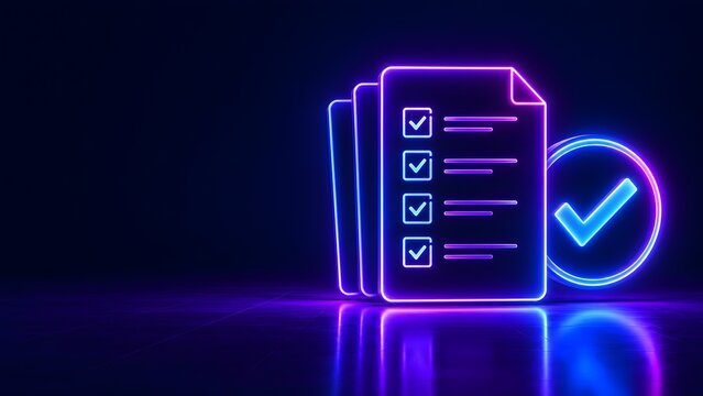 Glowing neon digital document checklist with checkmark icon representing online survey completion quality assurance and compliance verification