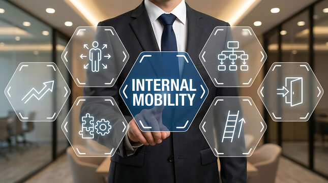 Professional man in suit touching digital internal mobility hologram graphic