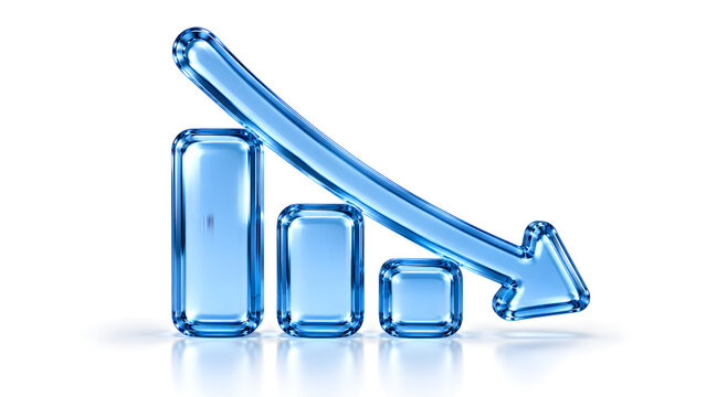 3d illustration of a glossy blue bar chart with a downward trend arrow isolated on white background