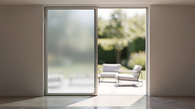 Modern interior living room featuring a large sliding glass door with frosted privacy film opening onto a sunny outdoor patio garden with stylish lounge chairs and lush green foliage
