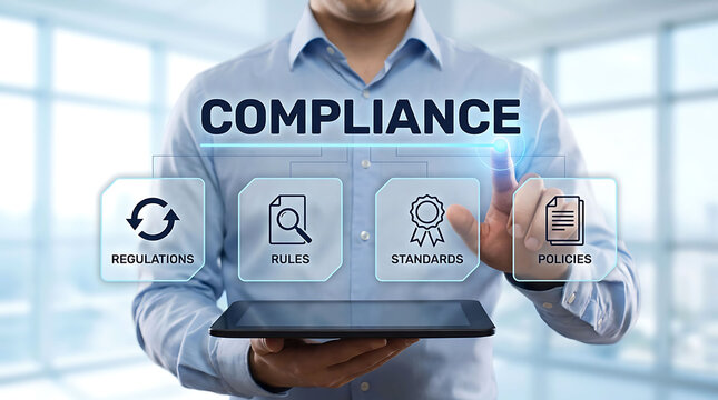 Corporate Compliance Officer Touching Digital Interface Screen with Icons