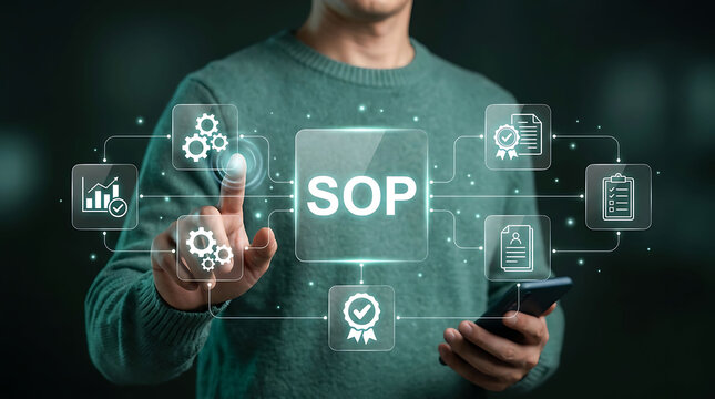 Businessman interacting with digital SOP interface showing standard operating pro