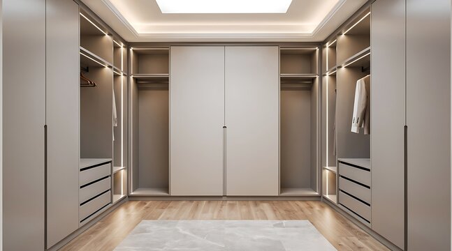 Modern luxury walk-in closet or spacious wardrobe interior design featuring minimalist beige cabinetry, integrated LED strip lighting on shelves, wooden flooring, and a sleek contemporary style.