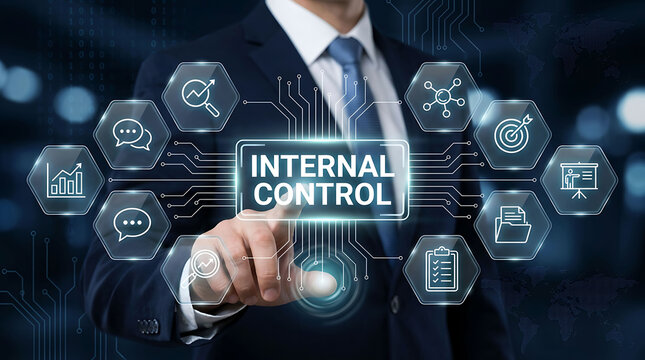 Businessman pointing at internal control digital interface for business solution