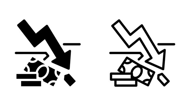 Financial Bankruptcy Line Icon Set Displaying Downward Arrow and Cash Money for Economic Loss Concept