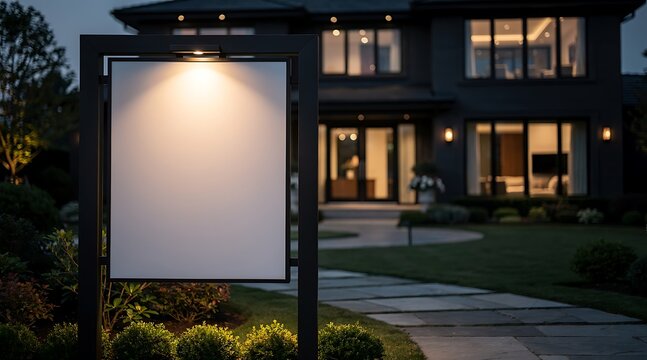 Blank Illuminated Sign Mockup in Front of a Modern Luxury House at Night, Empty Real Estate Board with Copy Space for Advertising Property for Sale or Information in Residential Area Landscape