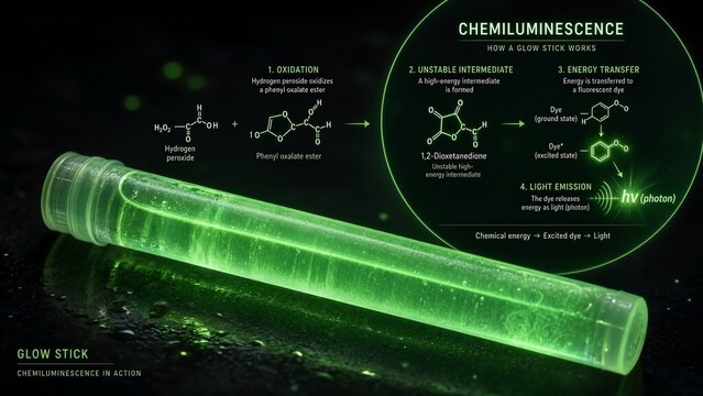 Activated green or blue glowing chemical light stick, accompanied by an illustrative inset detailing hydrogen peroxide oxidation of phenyl oxalate ester and photon emission mechanisms
