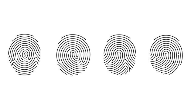 Four distinct black ink fingerprint patterns displaying unique whorl, loop, and arch biometric security details.