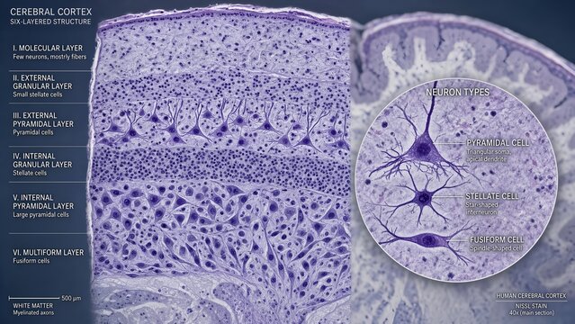 Histological slide of the cerebral cortex showing all six distinct cortical layers, paired with a zoomed circular inset detailing various neuron types including pyramidal and stellate cells