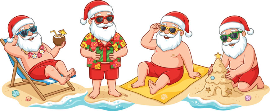 Set of santa claus characters enjoying summer vacation on the beach