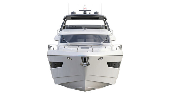 Front view of modern luxury white motor yacht boat with chrome railings and anchor for sea travel design.