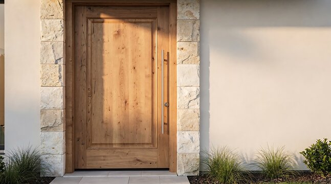 Elegant modern wooden front door of a luxury house featuring a long vertical silver metal handle and natural stone cladding frame on a contemporary residential building exterior with warm sunlight