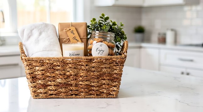 Thoughtful housewarming gift basket containing a white towel, scented welcome candle, jar of chocolate chip cookies, and a small plant on a bright marble kitchen counter in a modern home interior.