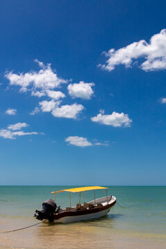 Motorboat with a canopy anchored in the shallow water by a tropical beach, Celestun, Yucatan Peninsula, Mexico