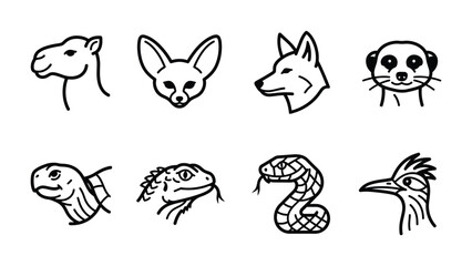 Fototapeta premium Desert Animals Collection: A collection of eight minimalist line art illustrations depicting various desert-dwelling animals including a camel, fennec fox, wolf, meerkat, lizard, cobra.