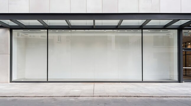 Minimalist Empty Modern Storefront with Large Glass Window and White Background Interior, Blank Commercial Real Estate Space for Mockup or Retail Advertising in Urban City Street Facade
