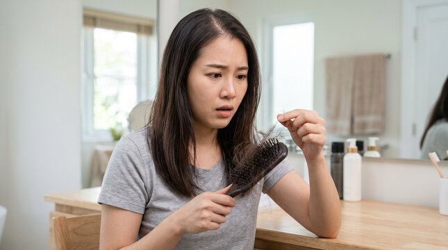 Young Asian woman examining a clump of fallen hair in her hand and comb with a worried expression, noticing abnormal shedding during her daily hair care routine, female hair loss